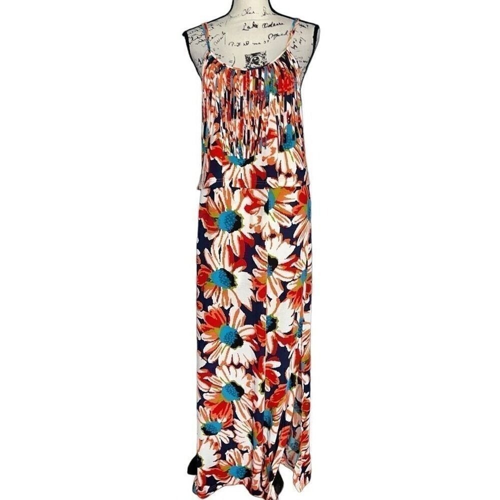 Joy Joy Floral Fringe Maxi Dress Small Navy Orange Blue Boho Adjustable Straps